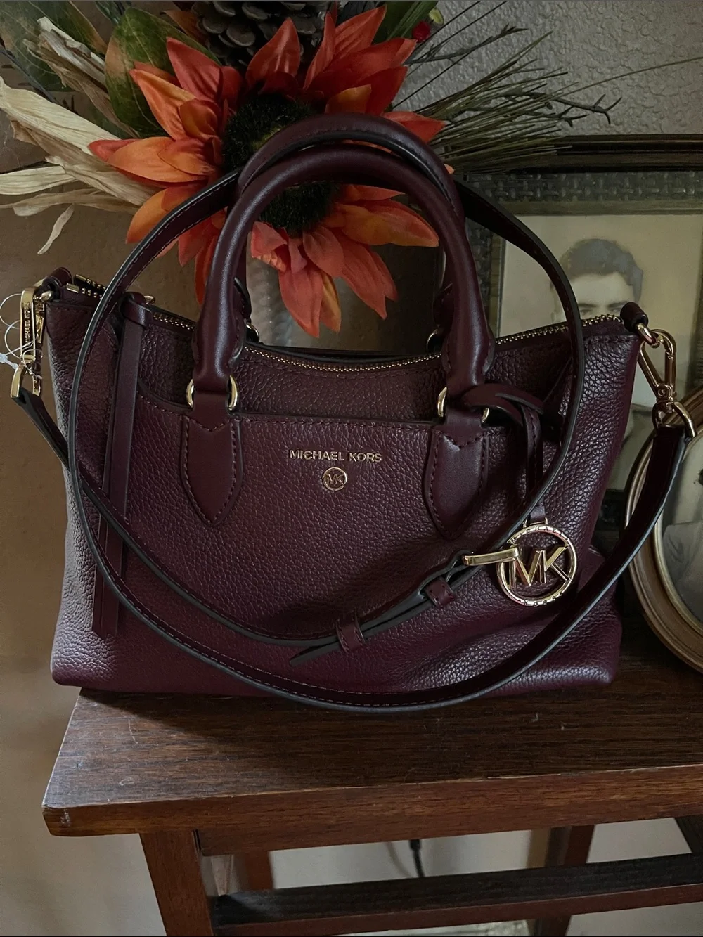 NWOT MICHAEL KORS Small Burgundy Pebbled Leather Satchel with Gold Hardware